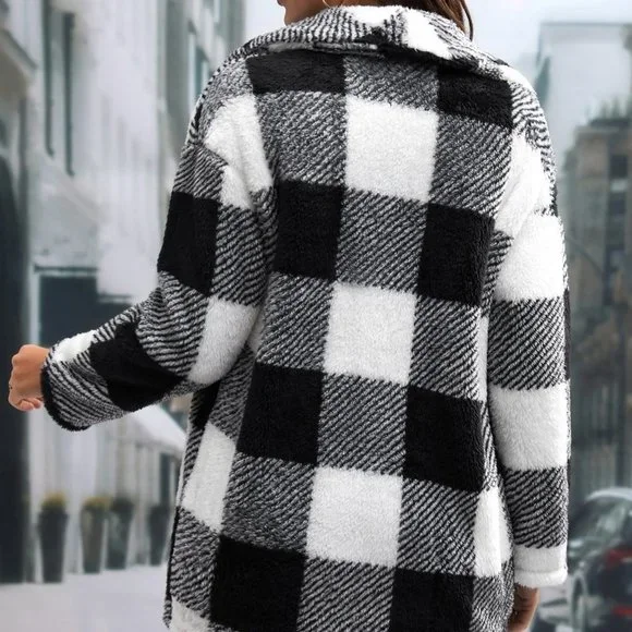 Multicolor Preppy Womens Buffalo Plaid Print Teddy Coat - Picture 4 of 5